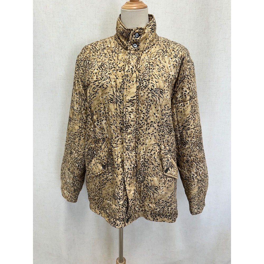 Clio Vintage 90s Quilted Jacket Medium Tan Vintage Animal Print Silk Puffer Coat - Picture 2 of 16